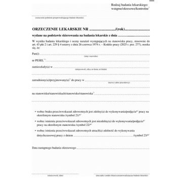 Druk- Orzeczenie lekarskie MEDYCYNA PRACY