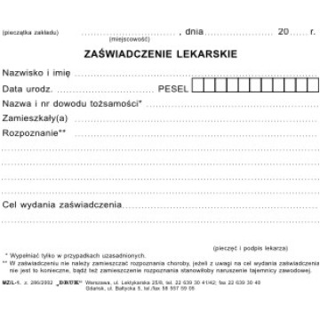 Druk- Zaświadczenie lekarskie A6